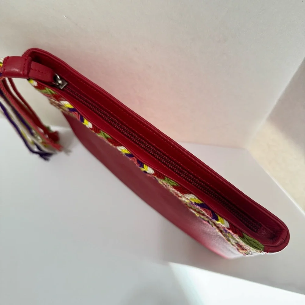 Fiori Coleccion Red Genuine Leather Embroidered Tassel Clutch Bag NWOT 10x7 Boho